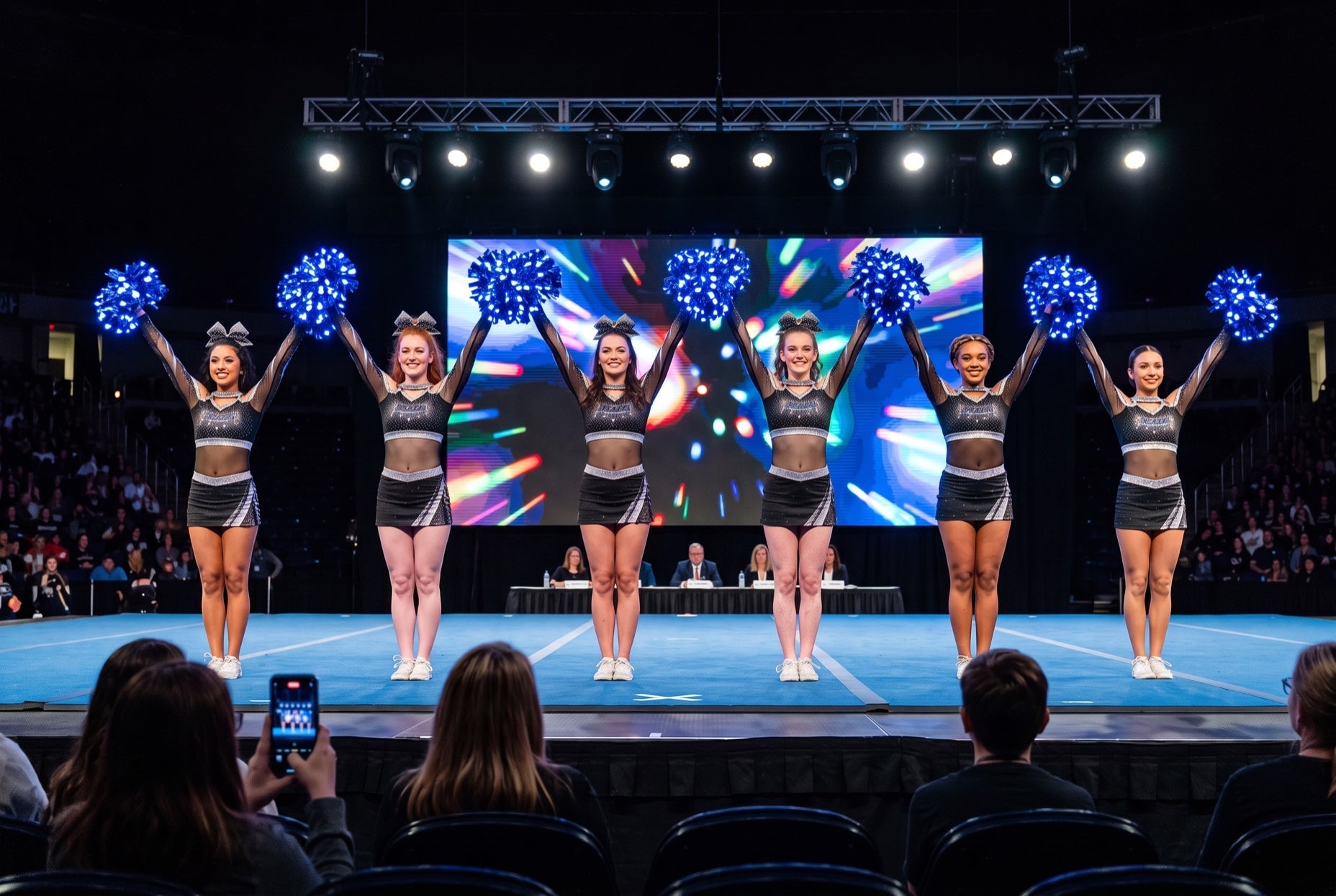 Light up LED pom poms glowing blue on a cheer team performing for judges on a cheer competition stage