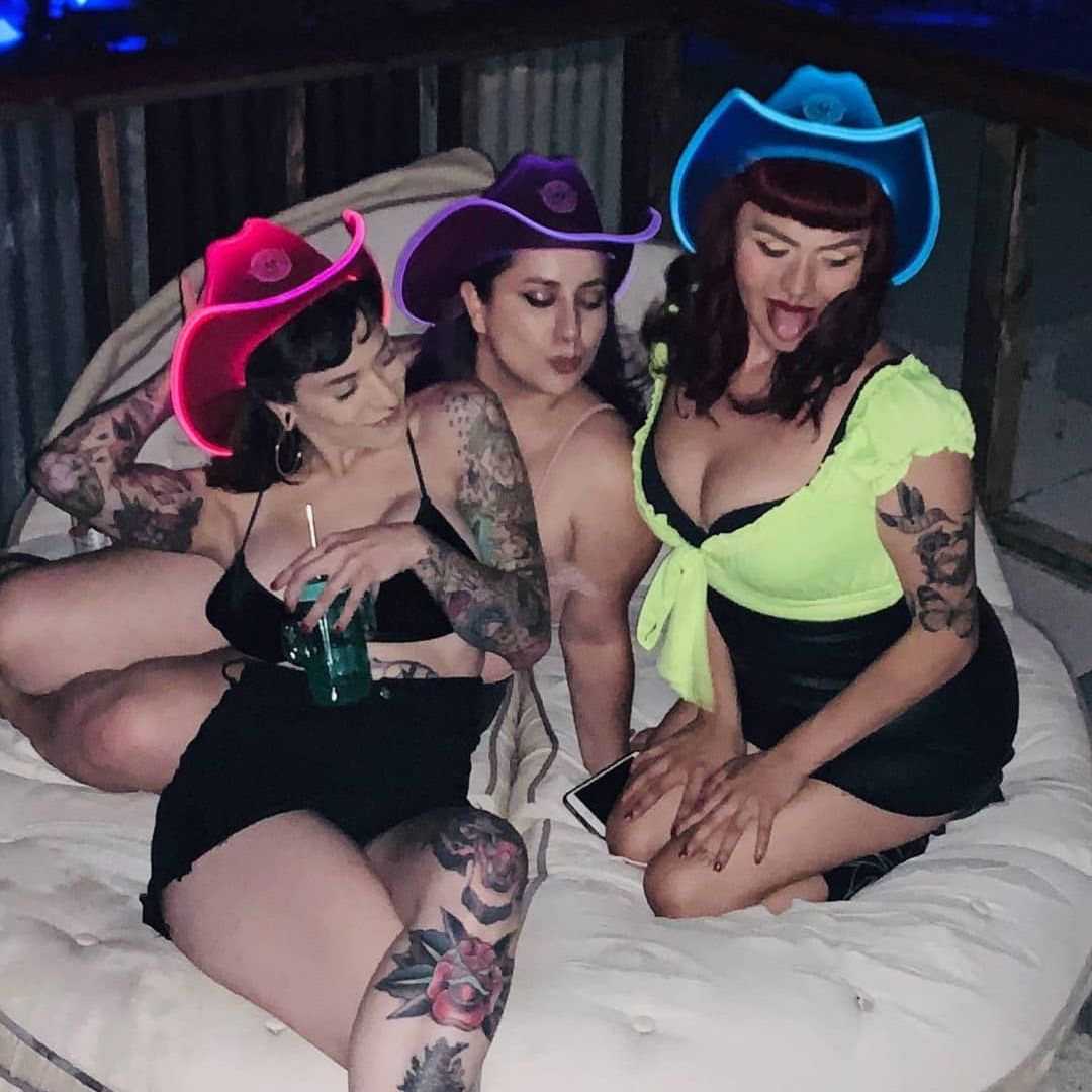 White pink blue purple light up cowboy hat 3-pack bundle perfect for bachelorette parties girls night out and group celebrations in las vegas city