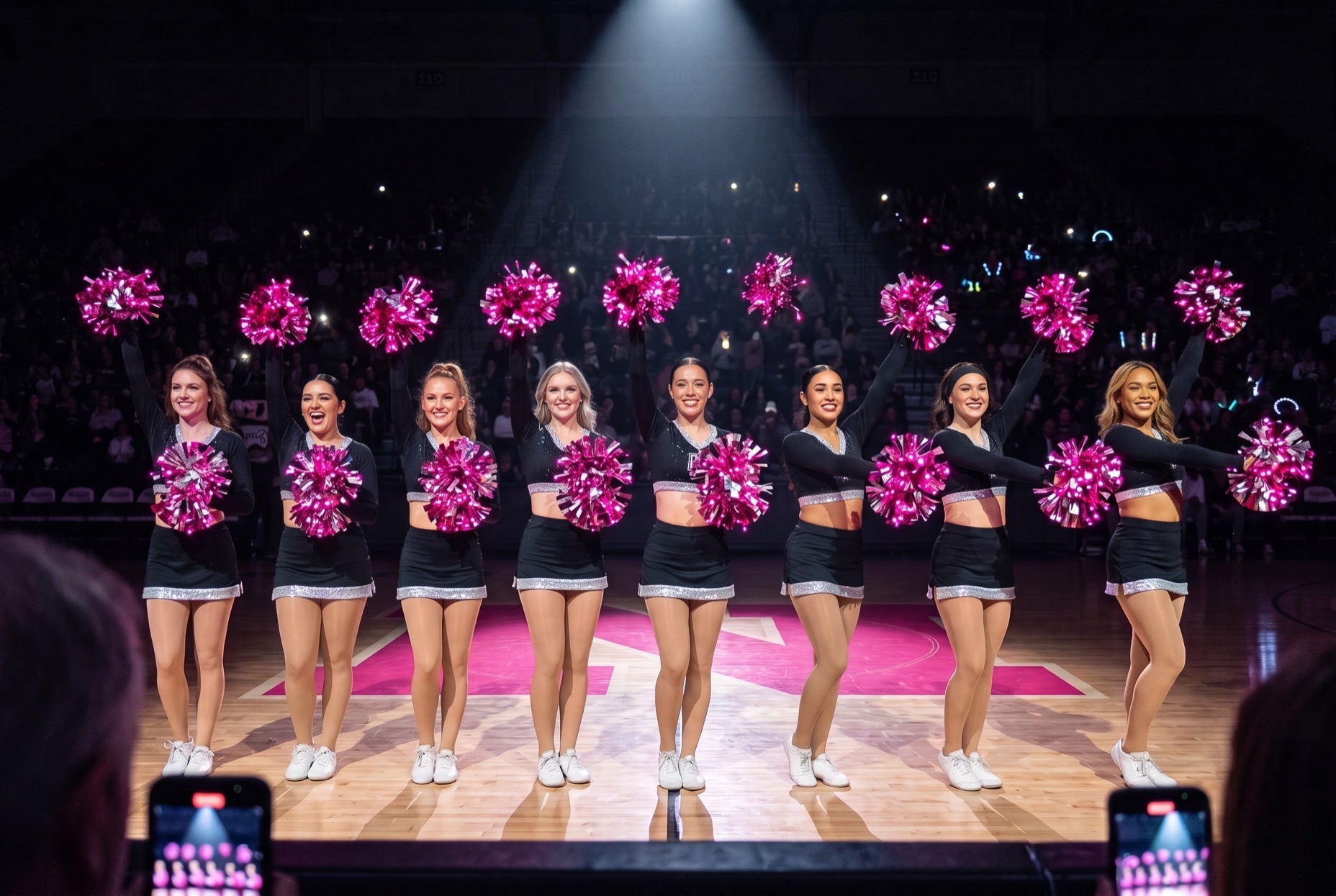 Light up LED pom poms glowing pink on a college dance team under a spotlight at a cancer awareness basketball game