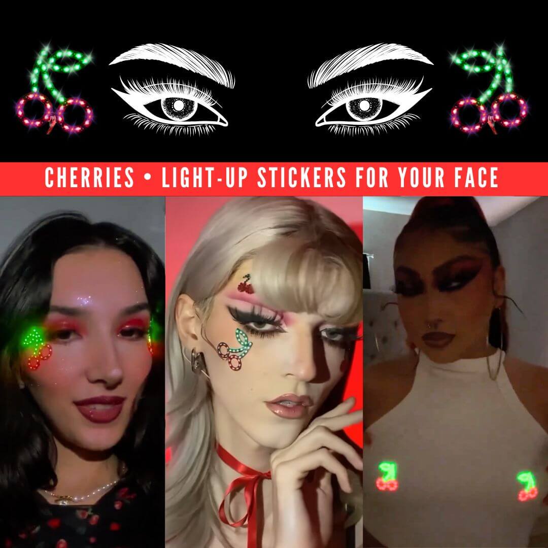 Collection of models wearing LED cherry face stickers & pasties - Group styling of glowing fruit-shaped facial jewelry for girl squads, birthday celebrations, themed parties, and viral makeup looks