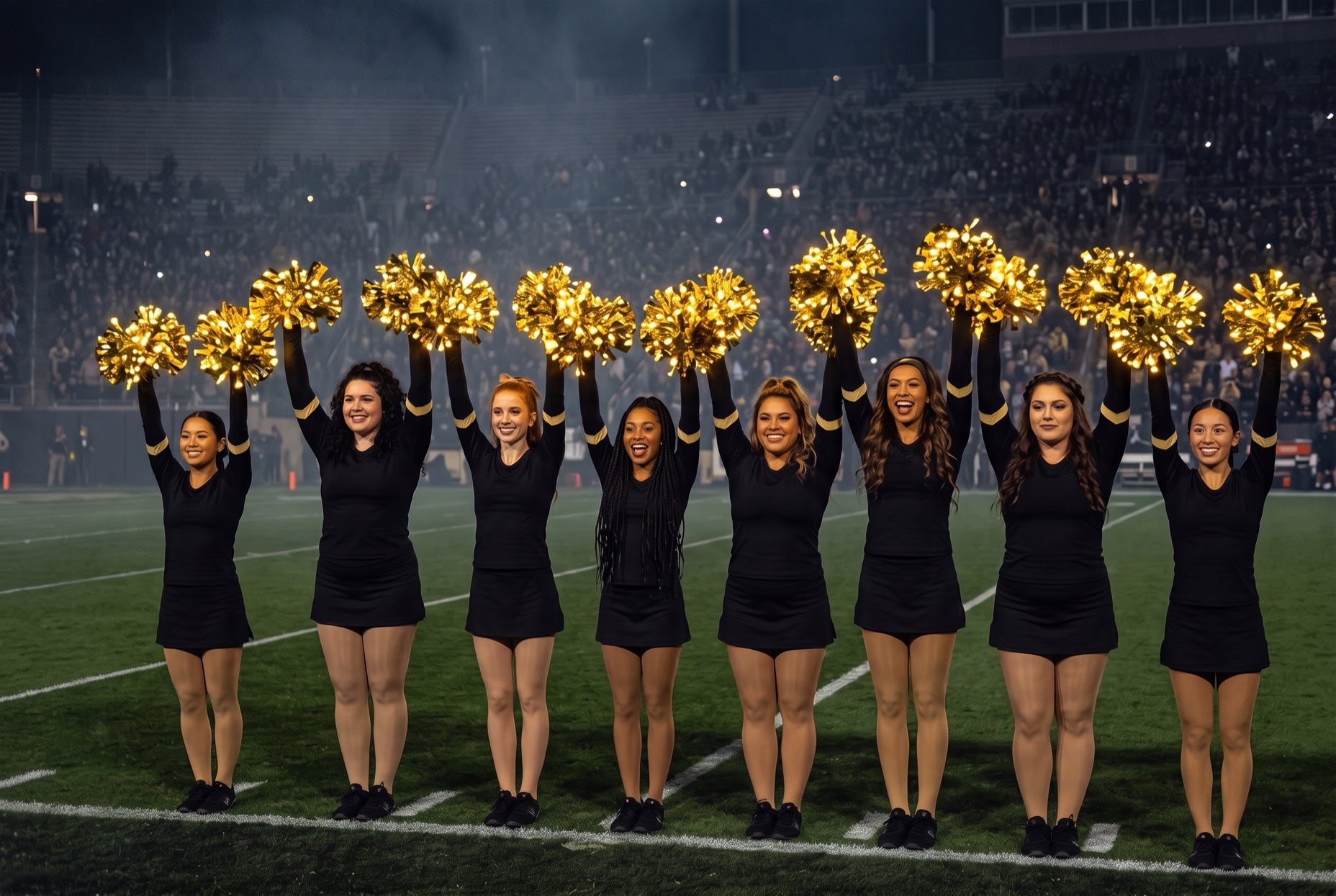 Dance team clinic night: ten college dancers in black raise gold LED pom poms overhead on a dark football field