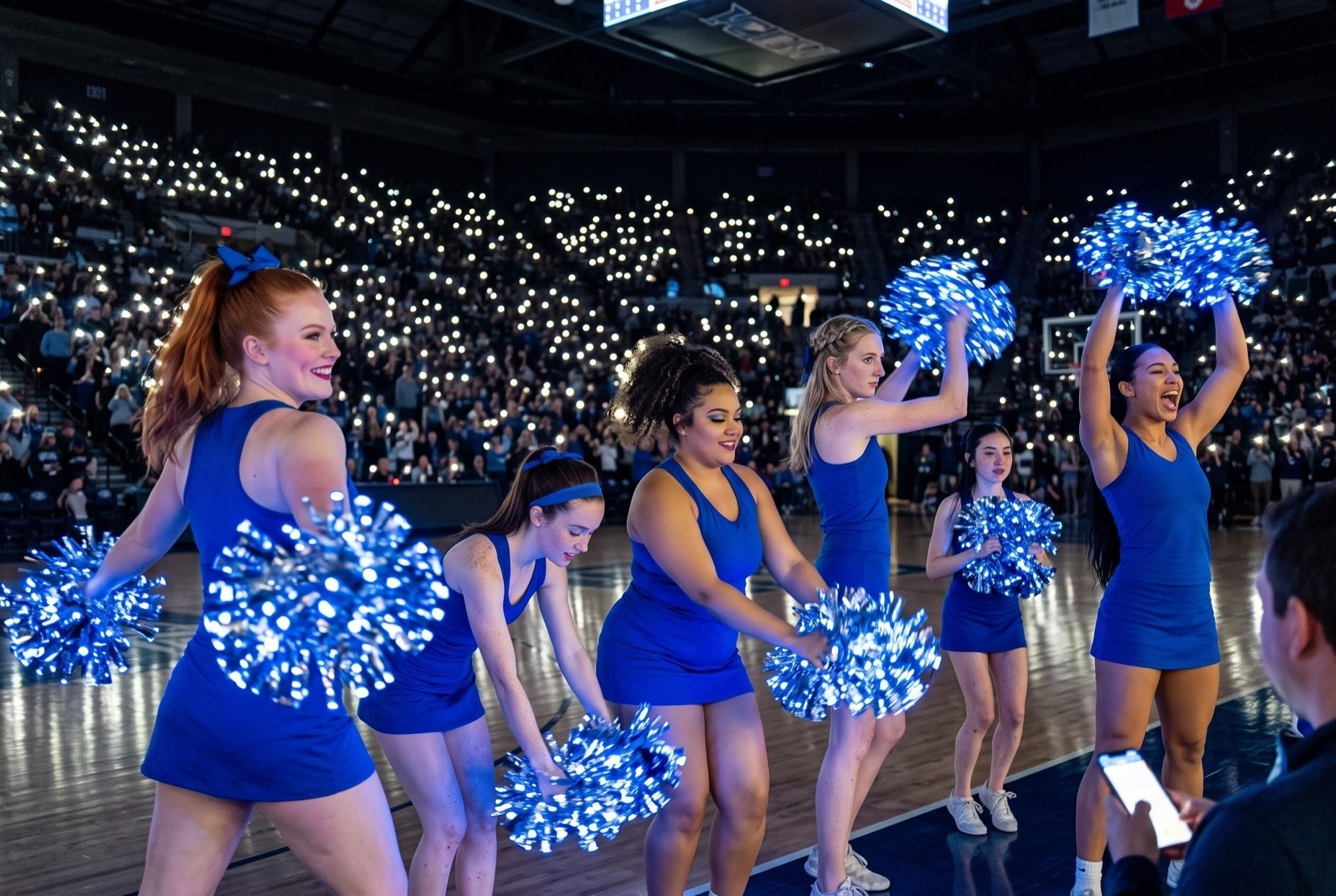 Light up LED pom poms glowing blue on a college cheer squad courtside in a dark basketball arena