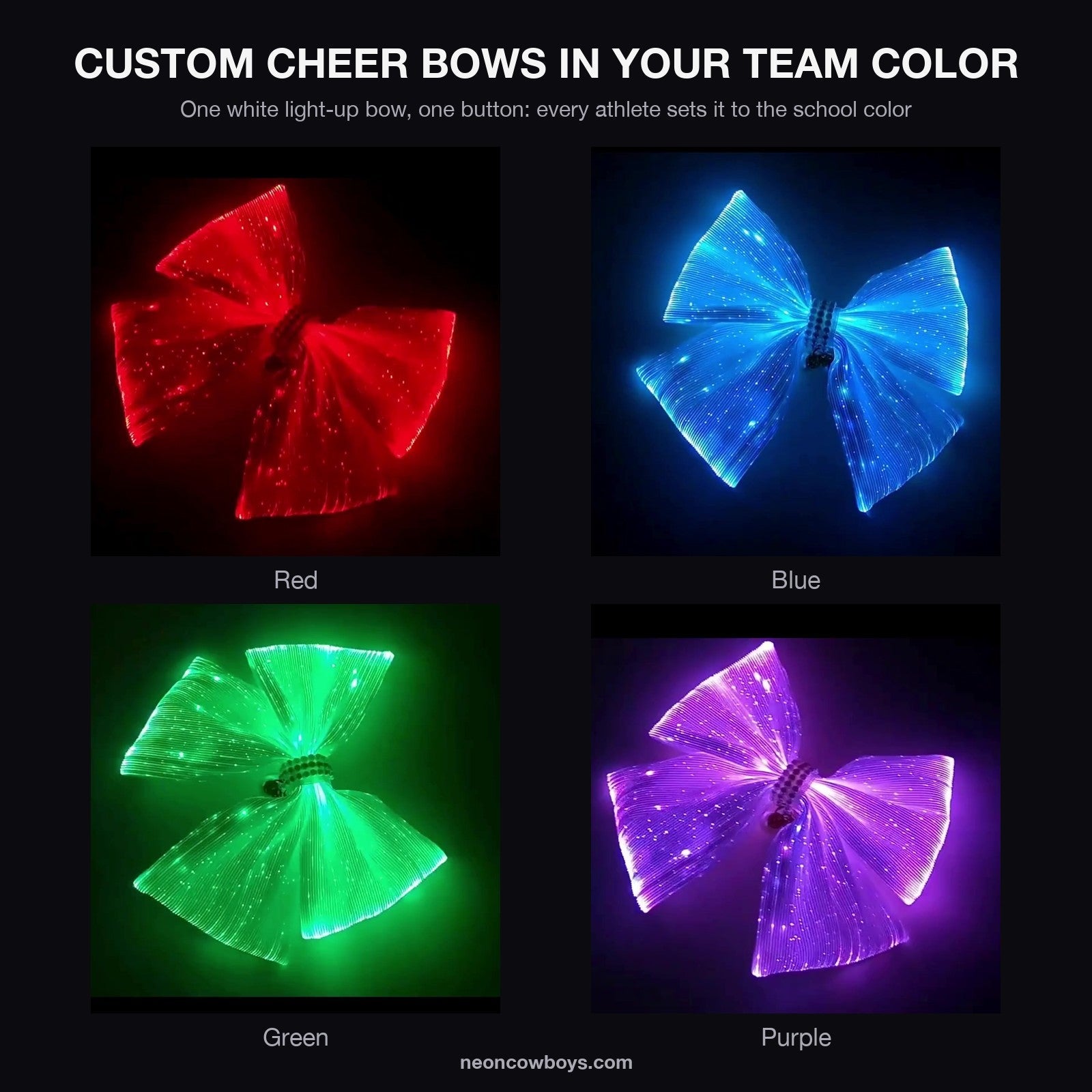 Custom cheer bows in team colors: one light-up LED cheer bow glowing red, blue, green and purple, set with one button