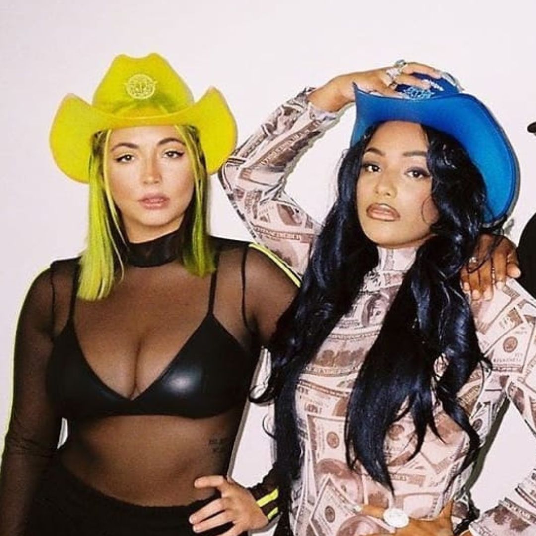 Yellow blue LED space cowgirl hats glowing bright for female friends matching party outfits festival fashion and celebration accessories