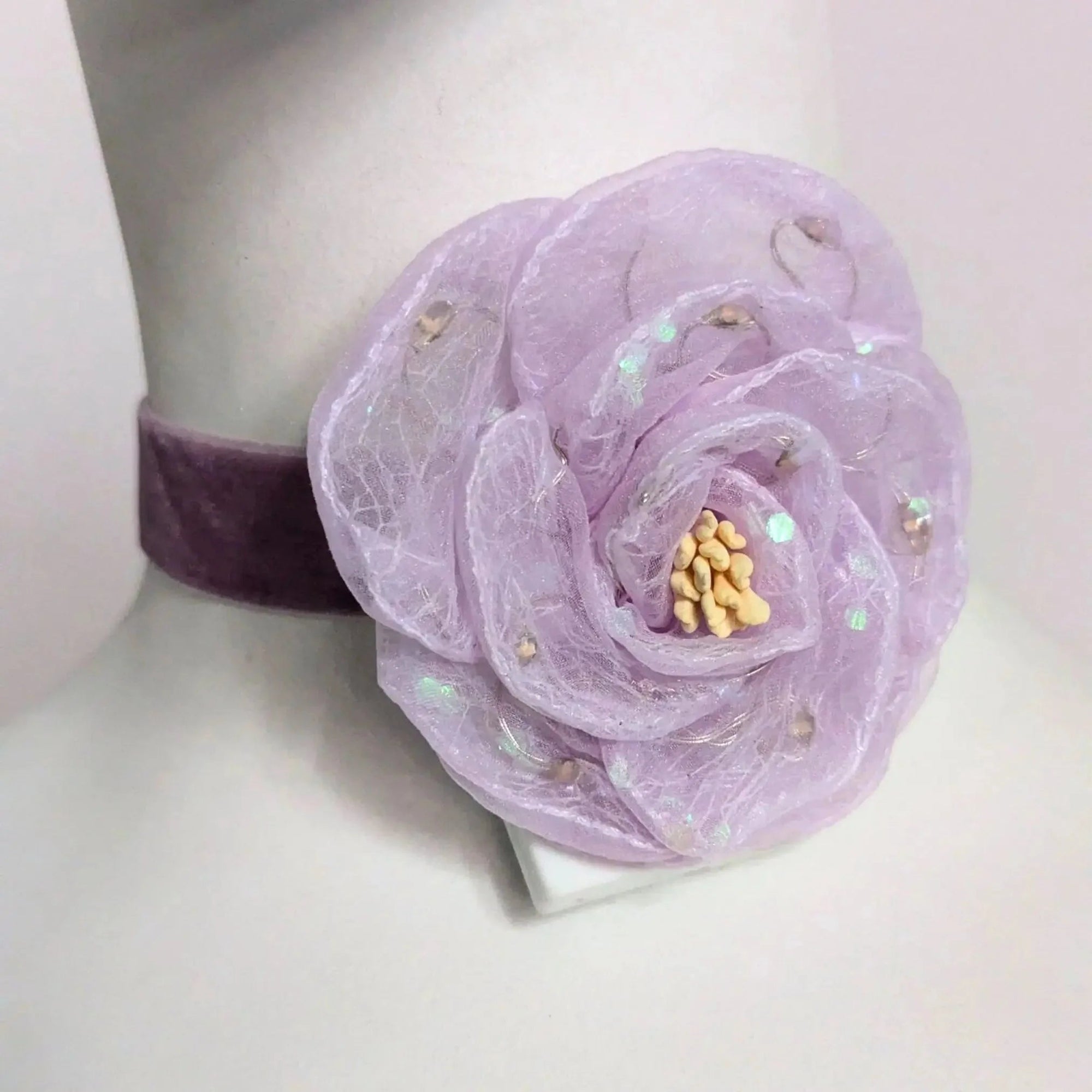 Purple LED Flower Choker - Soft Lavender Rose on Velvet Band - Delicate Floral Necklace Design with Sequin Glitter - Costume Party Jewelry for Mardi Gras