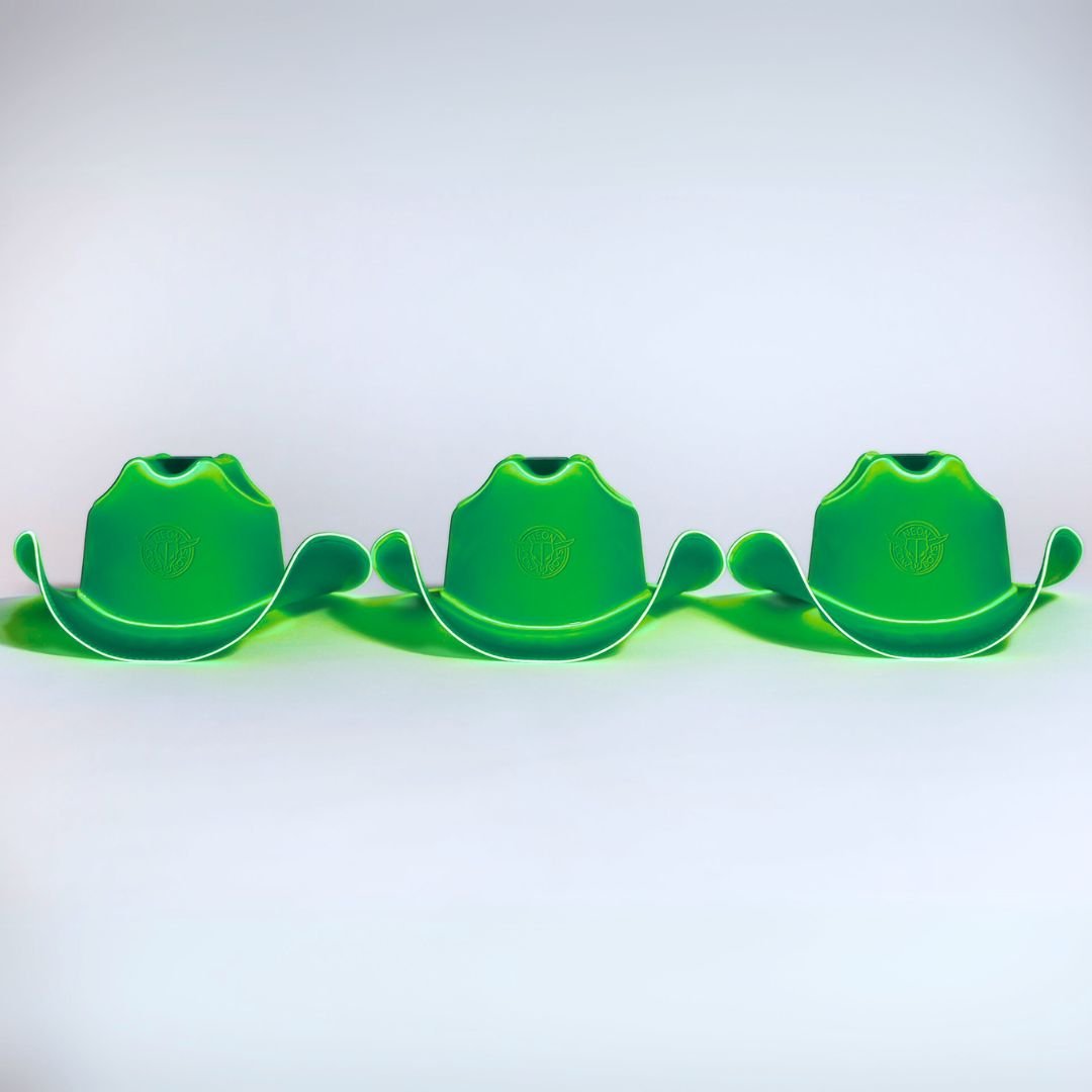 Green neon cowgirl hat with bright LED lights perfect for bulk purchase party planning group outfits and western costume fashion