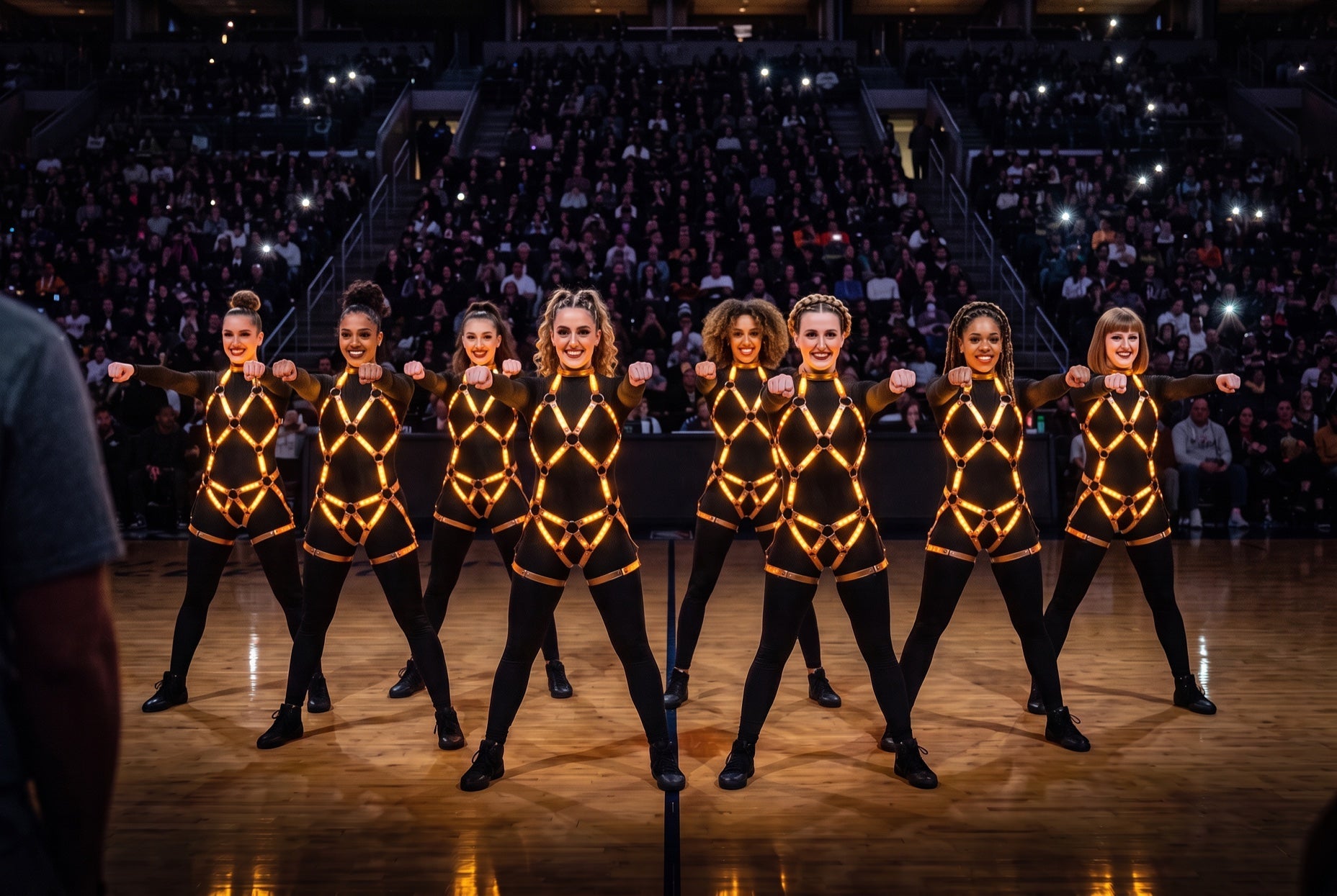 Halftime dance costumes: eight dancers in amber LED body harnesses over black catsuits, fists forward on an arena court