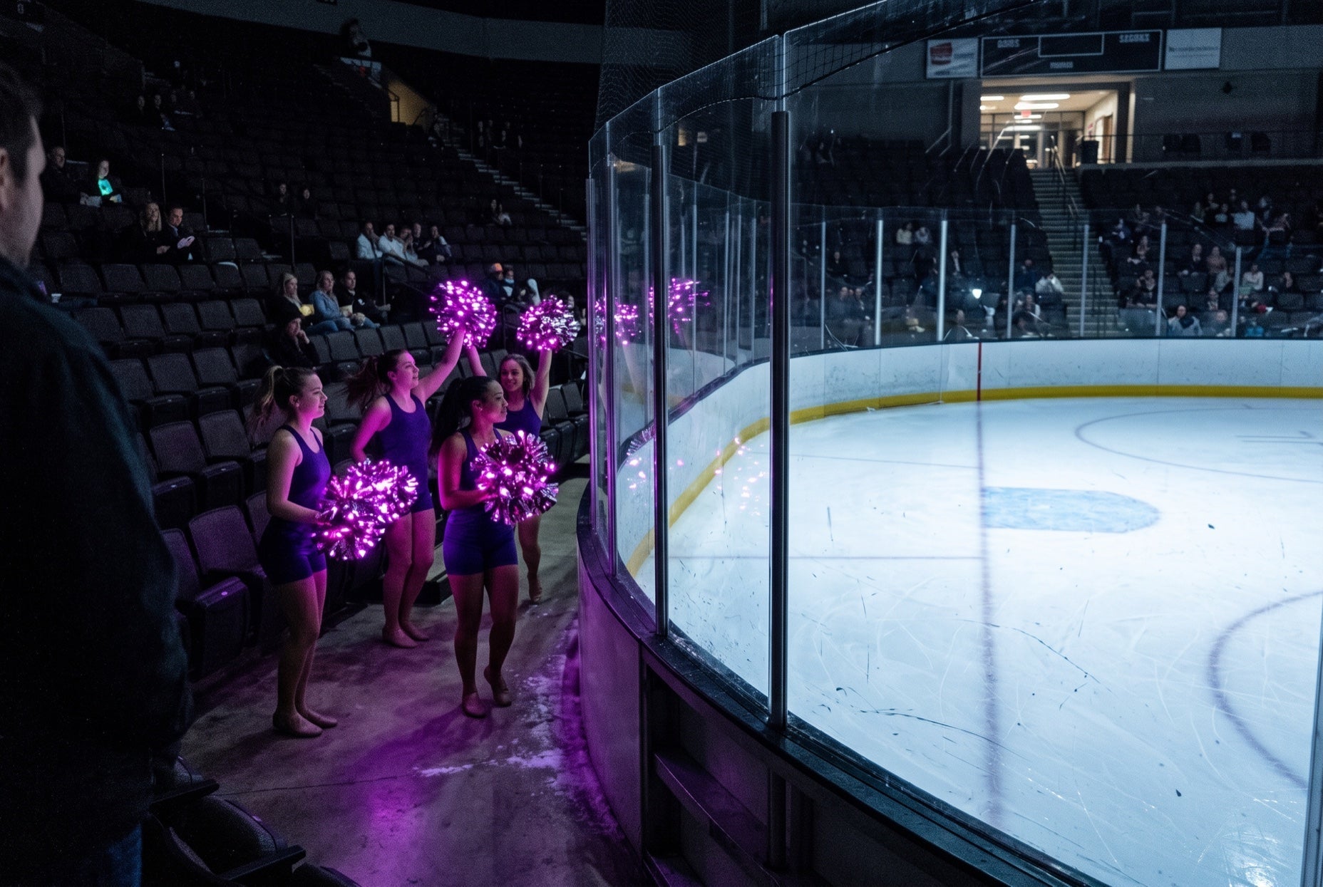 Light up LED pom poms glowing purple beside the ice in a darkened hockey arena