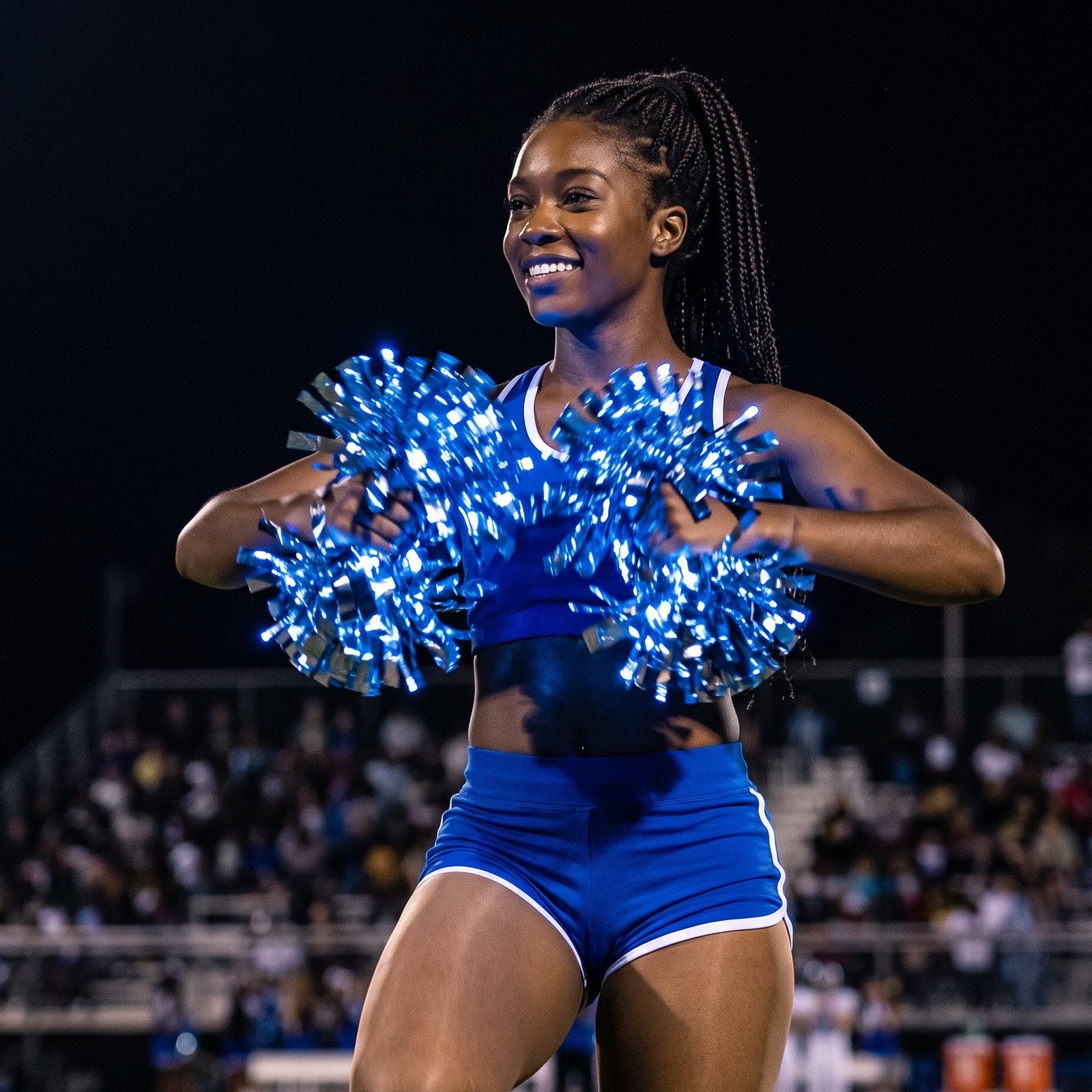Pro-style dance team member on a night-game sideline holding blue and silver LED pom poms in team colors