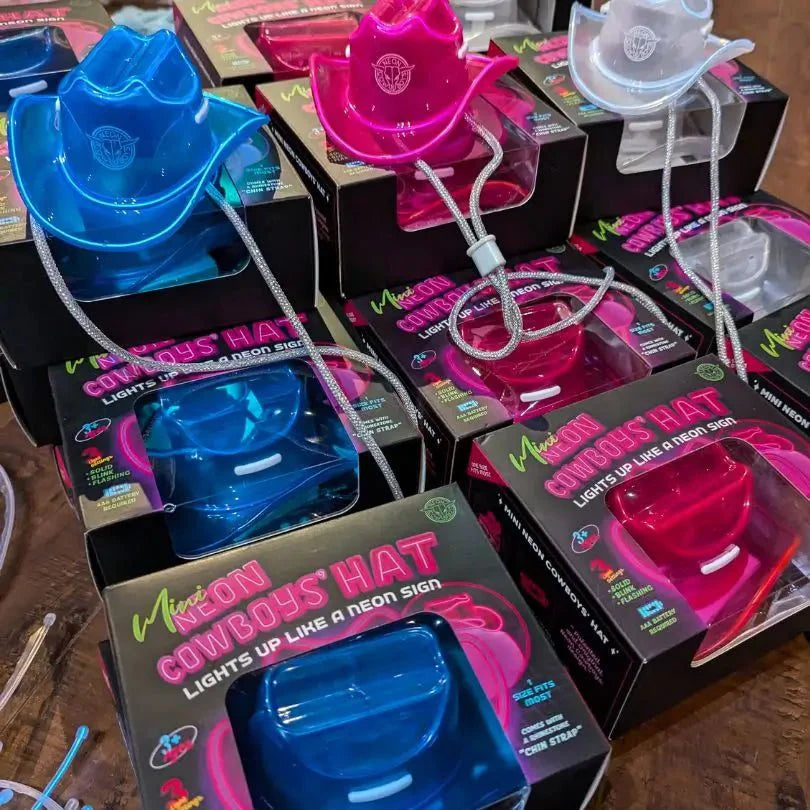 Collection of mini neon cowboys hats for family reunion photo opportunities corporate event giveaways and promotional party merchandise for businesses and bachelorette parties in cities like las vegas