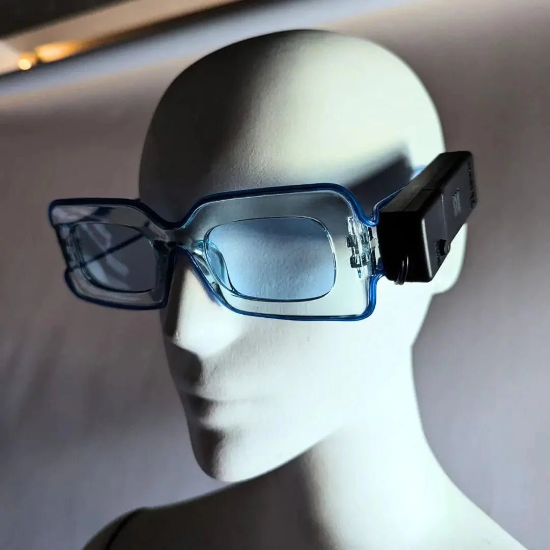 Transparent Blue frame LED sunglasses with white light - Sleek illuminated party glasses for monochrome outfits, futuristic costumes, robot-themed events, and minimalist party accessories