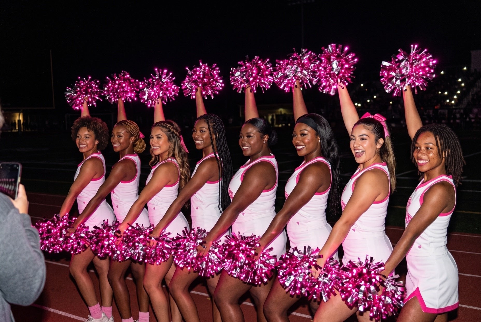 Light up LED pink pom poms glowing on a college cheer squad during a lights-down pink out football game