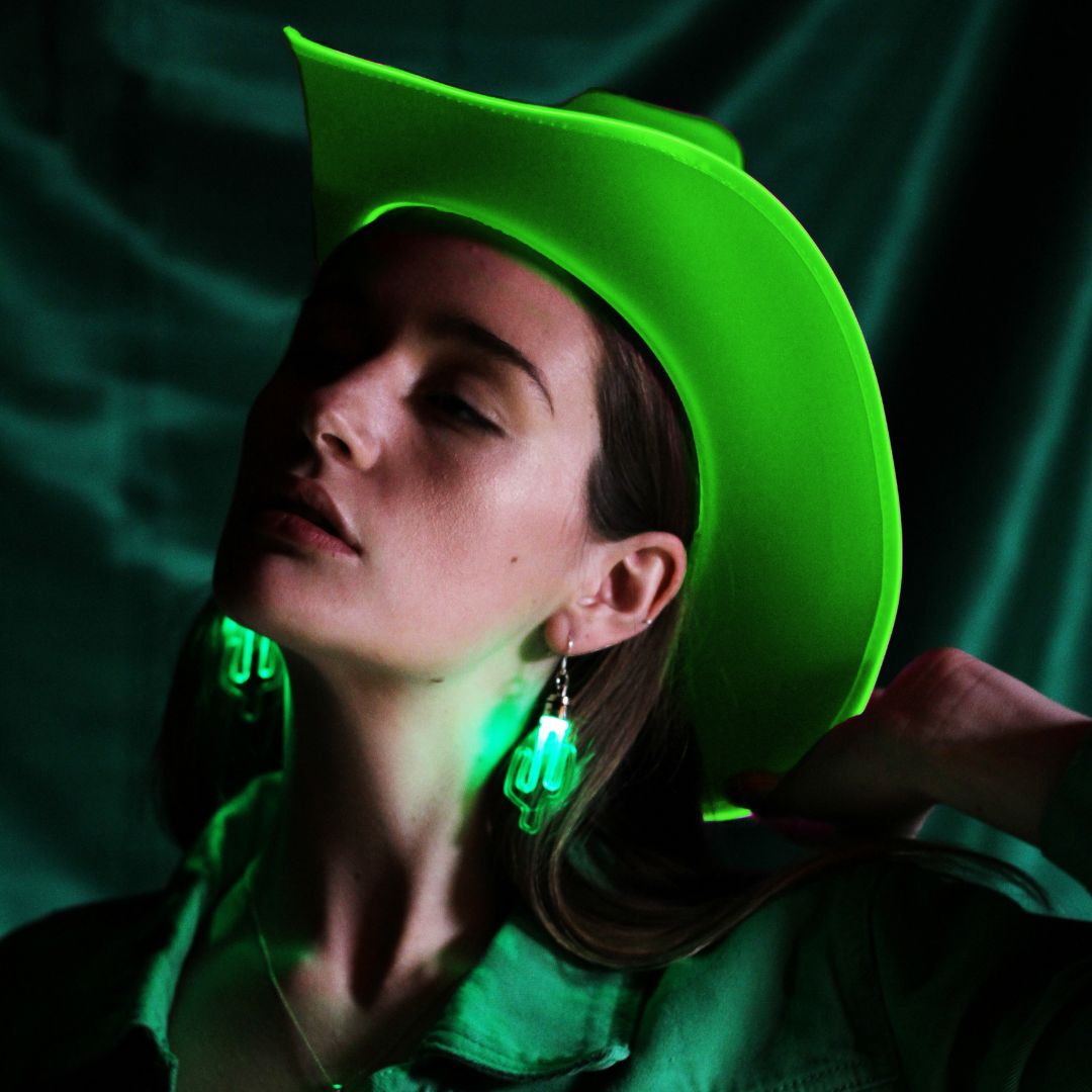 Green LED cowgirl hat with bright lights perfect for St Patrick's Day celebrations Irish party events and western costumes
