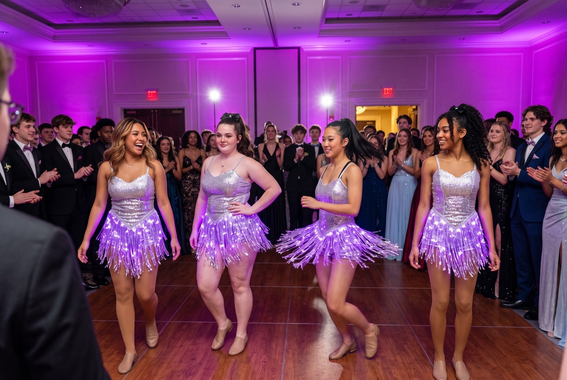 Light up LED fringe dresses glowing purple on a high school dance team performing at prom