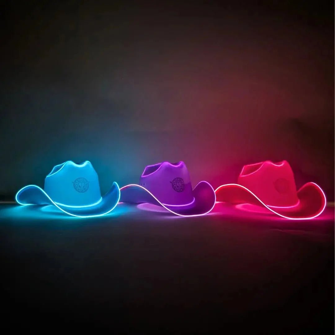 Collection of LED cowboy hats in blue, purple, and red - Colorful illuminated western headwear lineup for costume shops, rental businesses, party planners, event coordinators, and group gatherings