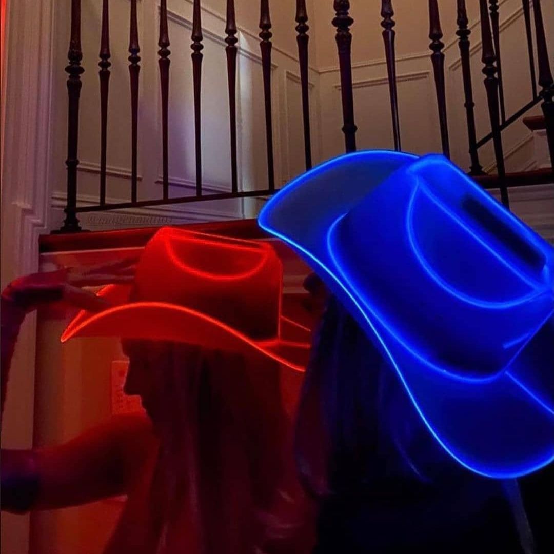 Red blue LED cowboy hats glowing for product display showcase and matching party accessories