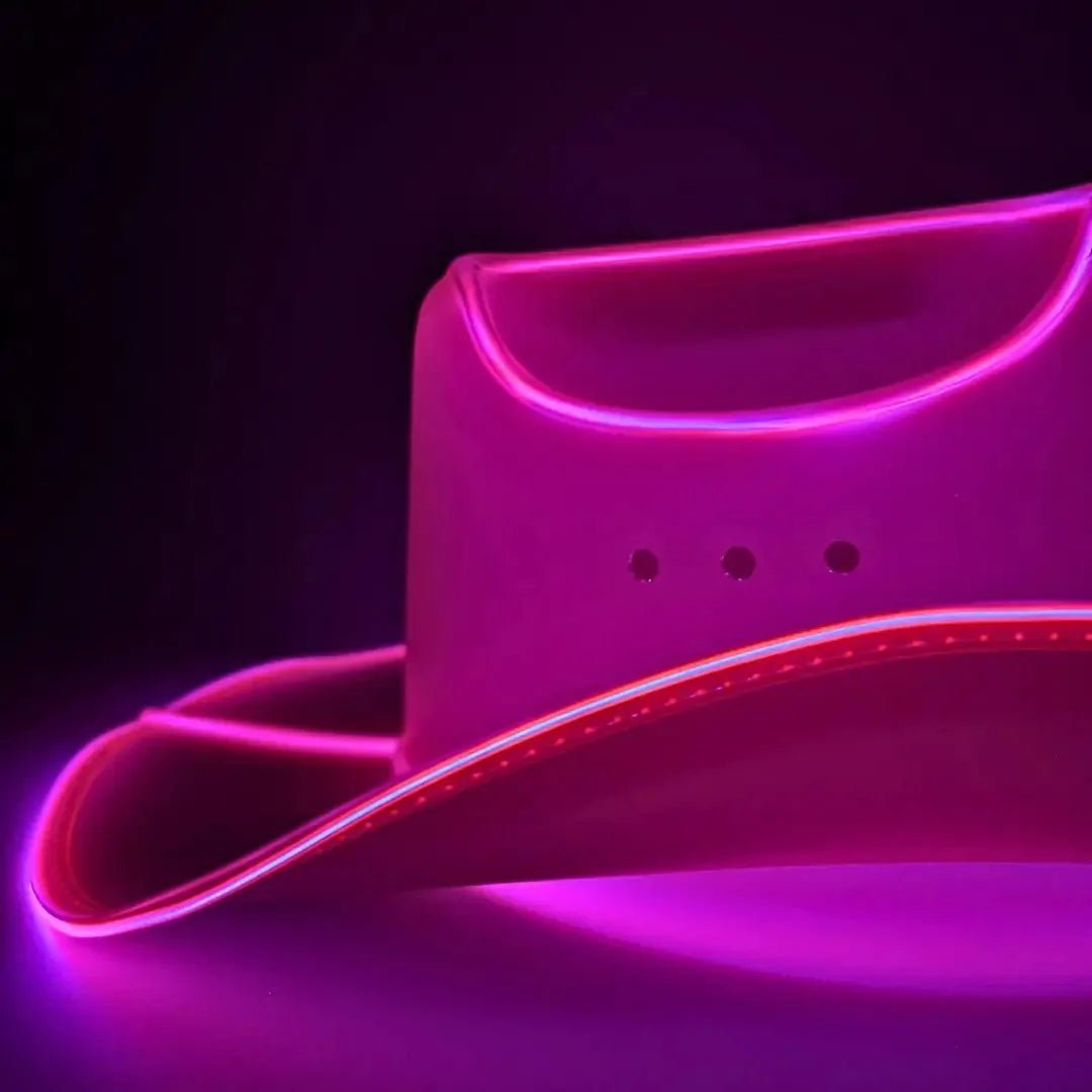 Pink Light Up Neon Cowboys Hat - Side View of LED Cowboy Hat with Glowing Pink Edges - Sexy Festival Fashion Space Cowgirl