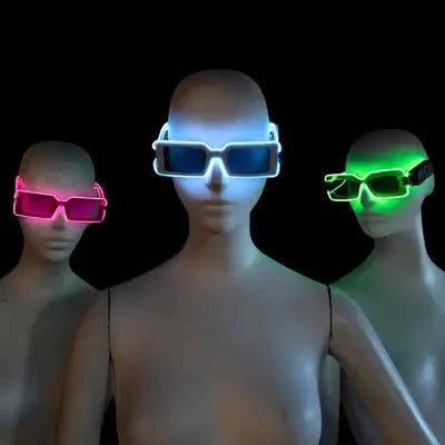 Collection of colorful LED sunglasses on female heads - Assortment of illuminated party eyewear for group costumes, themed celebrations, concert accessories, and photo booth props