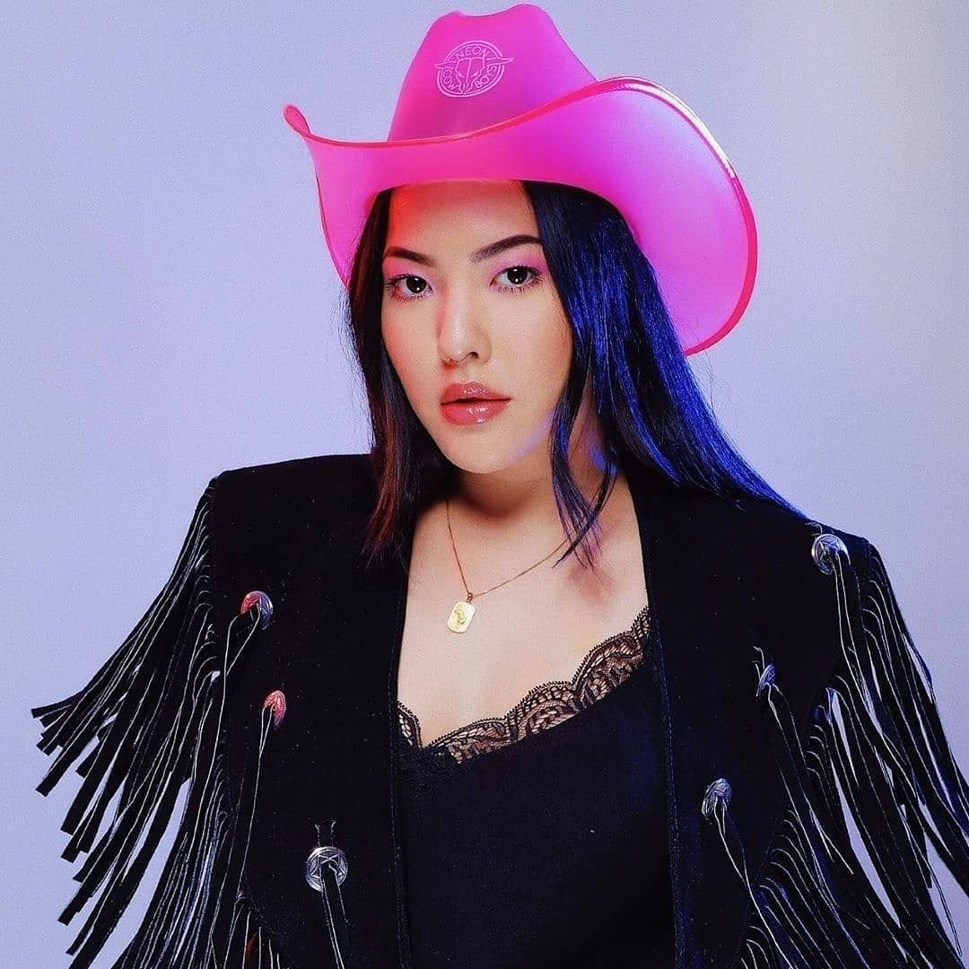 badass space cowgirl hat pink glowing perfect for music festival camping outdoor event fashion desert party themes burning man style