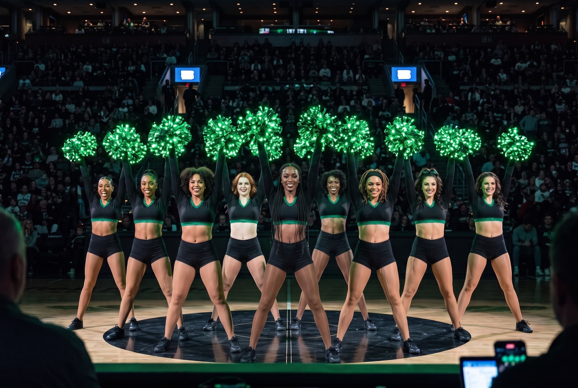 Light up LED green pom poms glowing on a pro basketball dance team in a high V at a dark arena halftime
