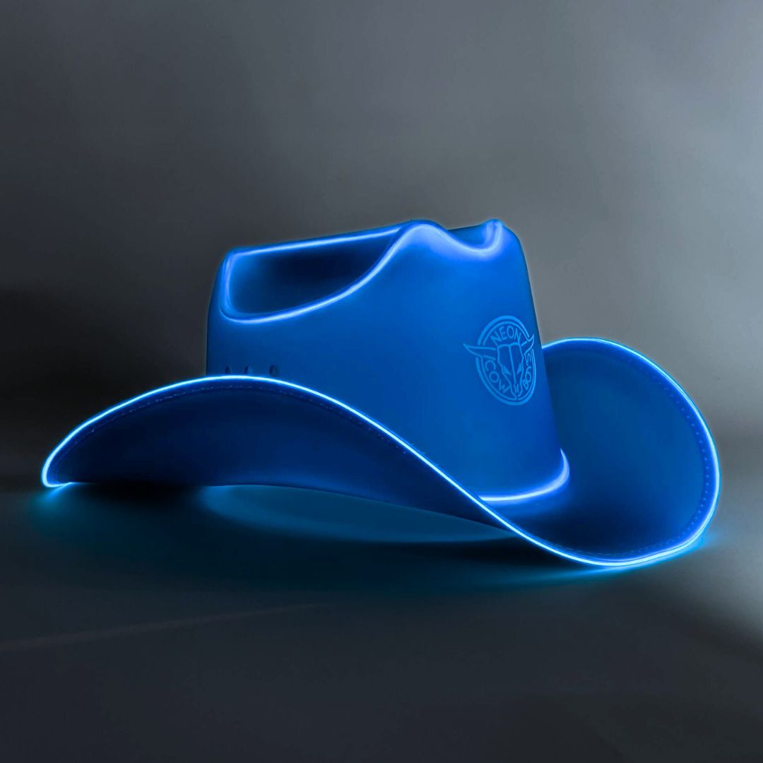 Blue cowboy hat with bright LED lights glowing for concert performance stages music festival fashion and western costumes