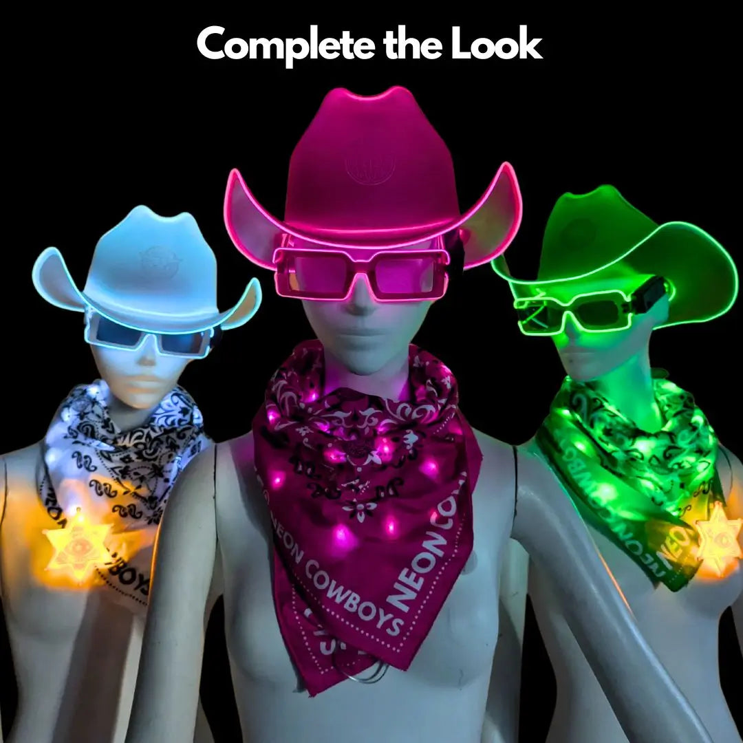 Neon Cowboys Light Up accessories for space cowgirl and cowboy themed parties and events in any city