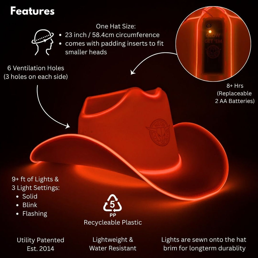 Chapéu de cowboy neon LED laranja
