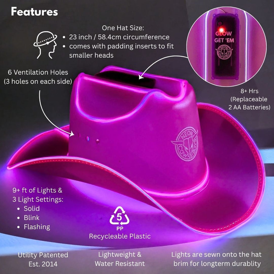 Chapéu de cowboy rosa neon com LED