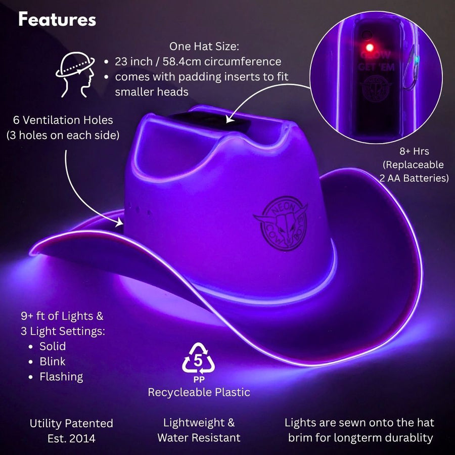 Chapéu de cowboy neon LED roxo