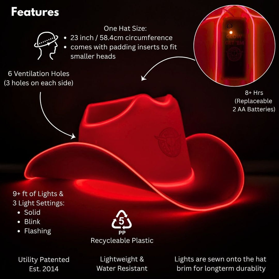 Chapéu de cowboy neon LED vermelho