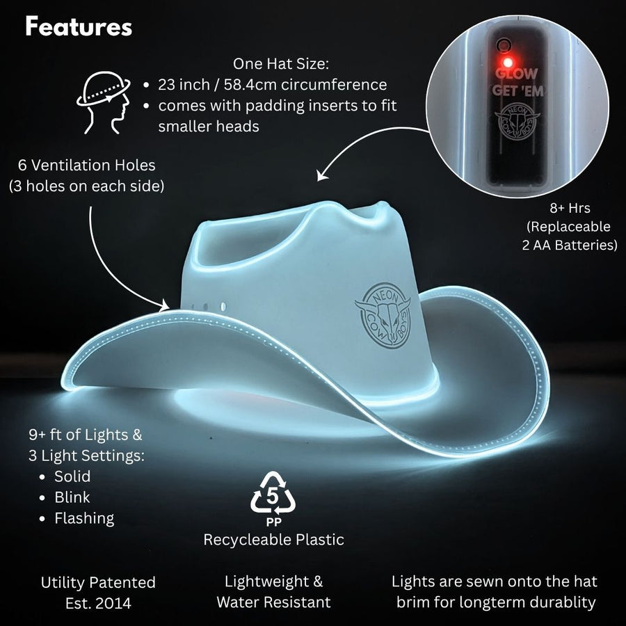 Chapéu de cowboy neon LED branco