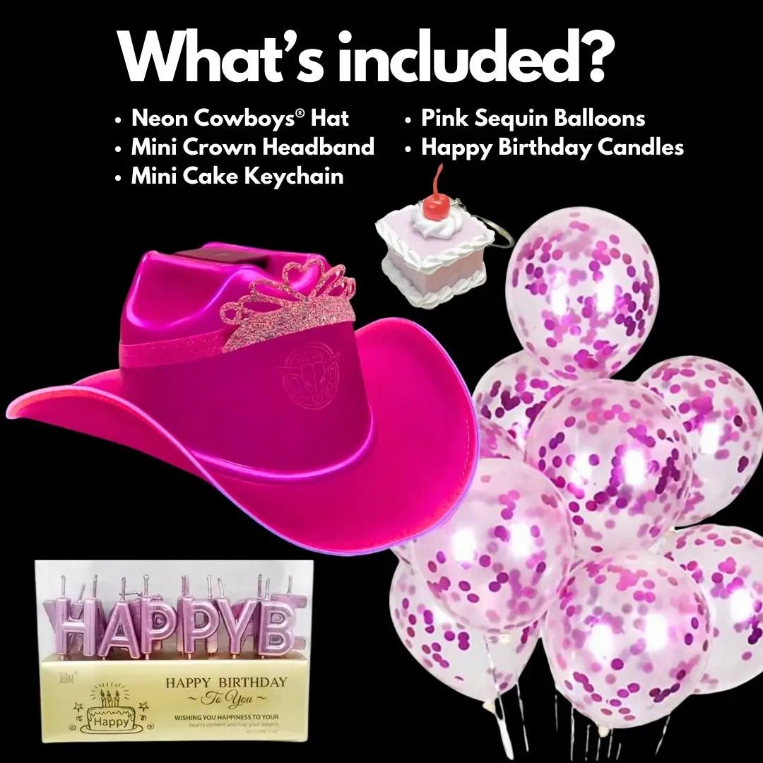 Birthday Bundle with Pink LED Cowboy Hat - Complete Party Set with Balloons and Candles - Western Chic Celebration Package - Space Cowgirl Princess Theme