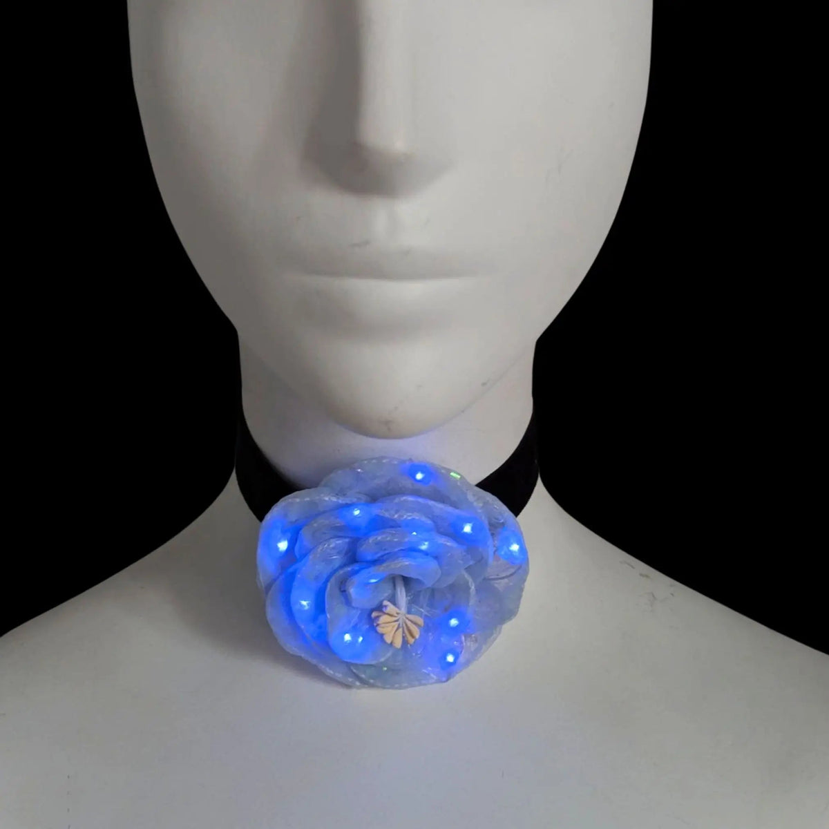 Blue LED Rose Choker - Velvet Necklace with Glowing Illuminated Flower - Light Up Jewelry Design for Raves, Music Festivals, Parties, Concerts, Sport Tailgating and Night Games