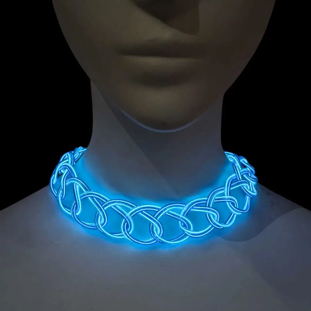 Blue White Y2K Choker Selfie - Woman Wearing Light Up Chain Necklace - Illuminated 2000s Jewelry - Glowing Festival Fashion Accessory - Glow in the Dark Outfit for Sporting Events, Tailgating and Football Night Games