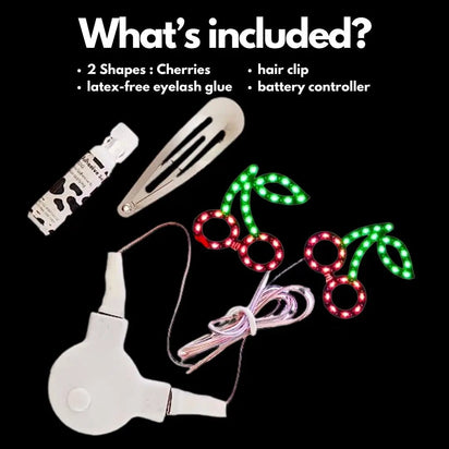 What's included in LED cherry face stickers package - Complete kit contents showing battery and application tools for festival-ready makeup, costuming, and easy application guidance