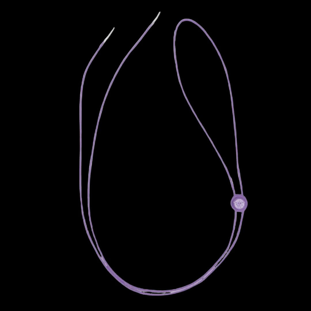 Purple elastic chin strap with adjustable sliding feature for custom fit with light up cowboy hats at music festivals