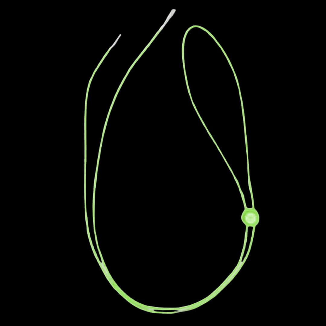 Green elastic chin strap accessory for glow-in-the-dark cowboy hats providing secure fit at EDM festivals and country western raves