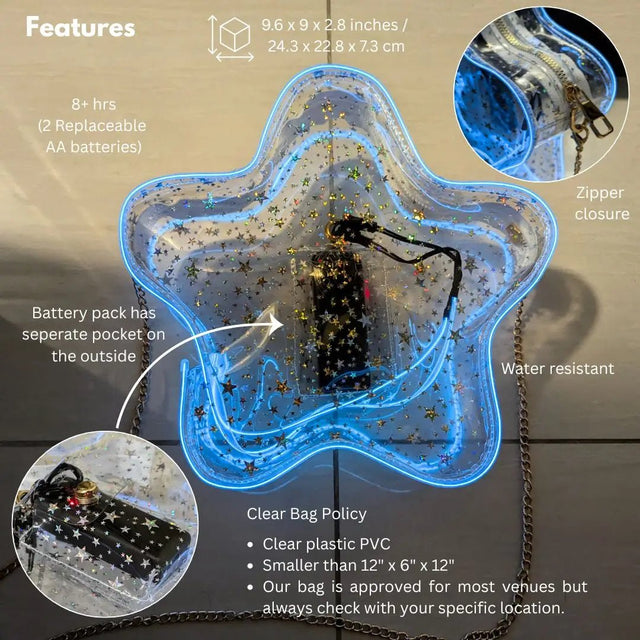 Trendy Clear Bag Policy Light up Star Purse - LED Glow for Night Parties - PVC Bag for Stadiums Concert Venues Music Festivals - Cute Space Cowgirl Halloween Costumes