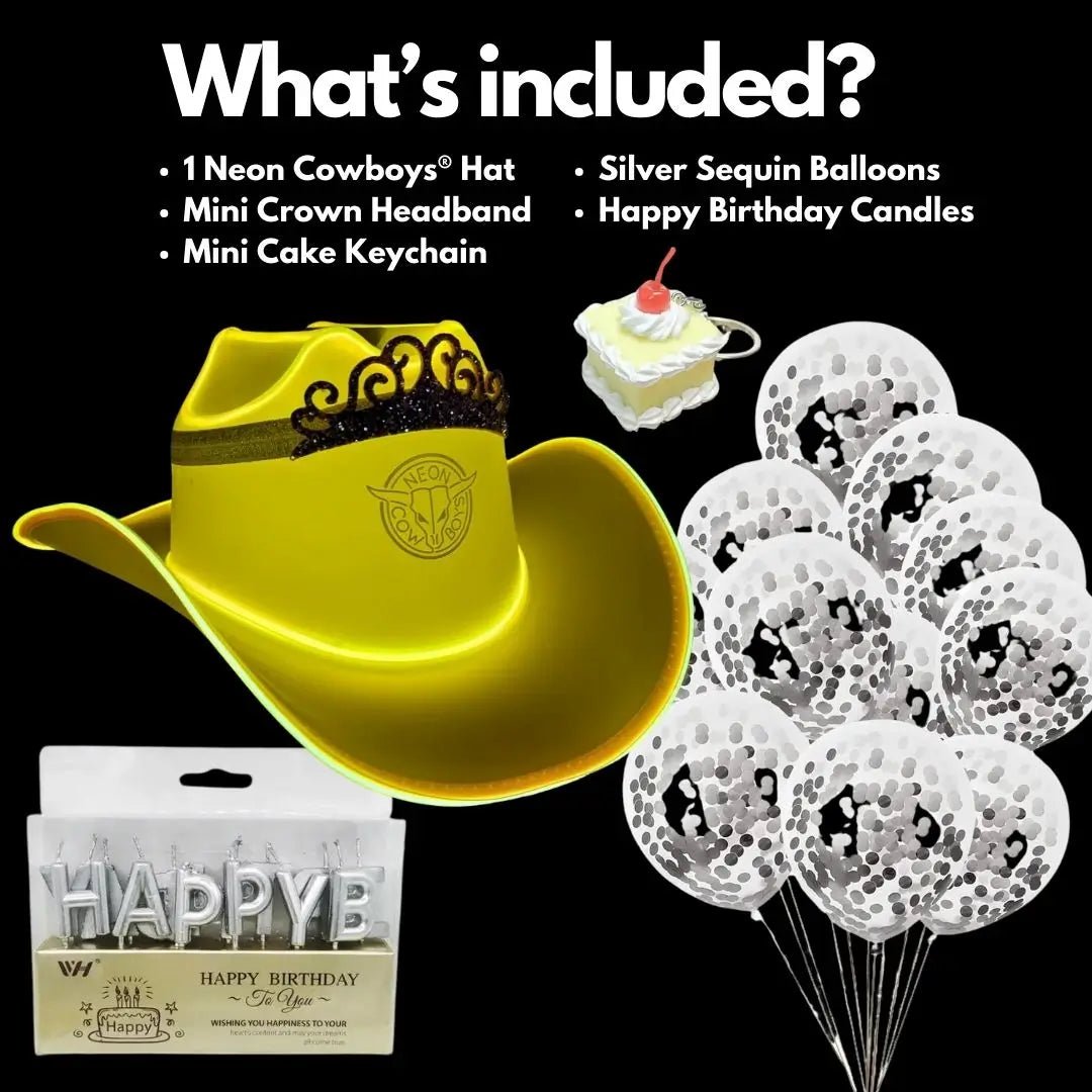 Birthday Party Bundle - Yellow LED Cowboy Hat with Silver Balloons and Candles - Complete Cowgirl Western Theme Party Kit for Birthday Queen Celebrations - 50 year old golden birthday