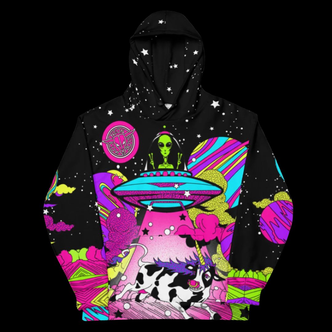 Psychedelic cow abduction hoodie with vibrant neon colors perfect for space-themed EDM festivals alien-inspired rave outfits and trippy concert wear