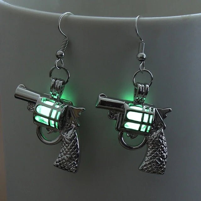 Glow-in-the-Dark Silver Pistol Earrings with Green Illumination - Edgy Statement Jewelry for Parties and Concerts - Unique Fashion Accessories that Glow at Night
