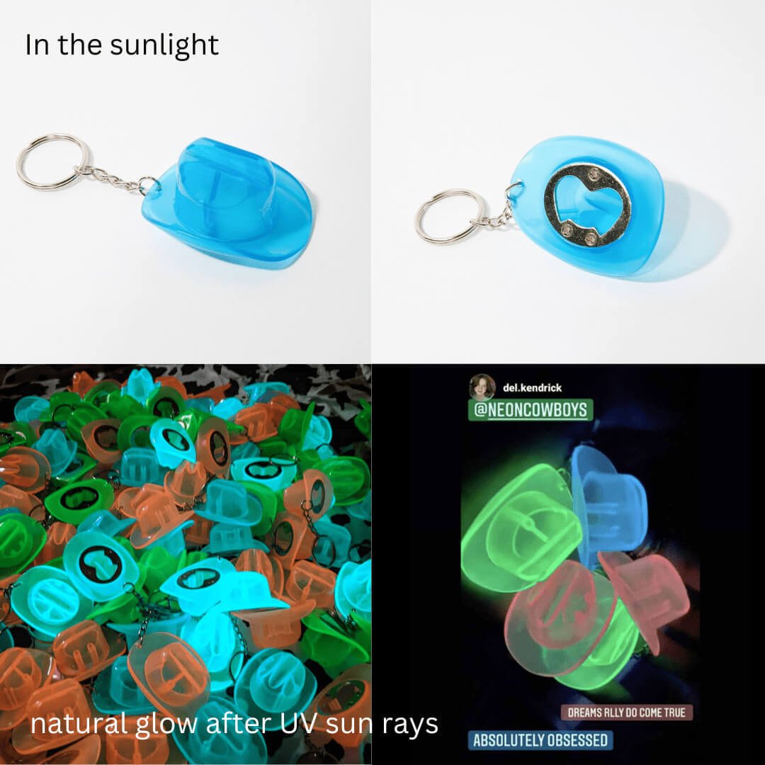 Blue cowboy hat bottle opener keychain in daylight and glowing in dark after UV light exposure for camping and night concerts