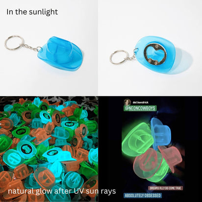 Blue cowboy hat bottle opener keychain in daylight and glowing in dark after UV light exposure for camping and night concerts