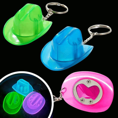 Green, blue and pink cowboy hat glow-in-the-dark bottle opener keychains with heart-shaped opener for music festivals and concert accessories