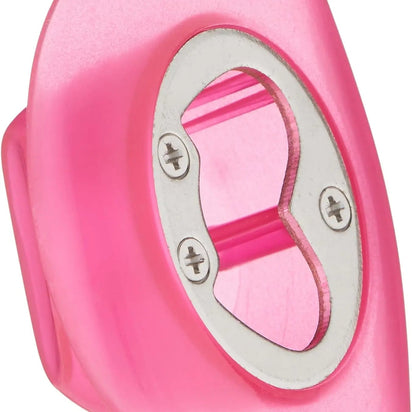 Close-up of pink heart-shaped bottle opener detail in cowboy hat keychain for hands-free drinking at music festivals