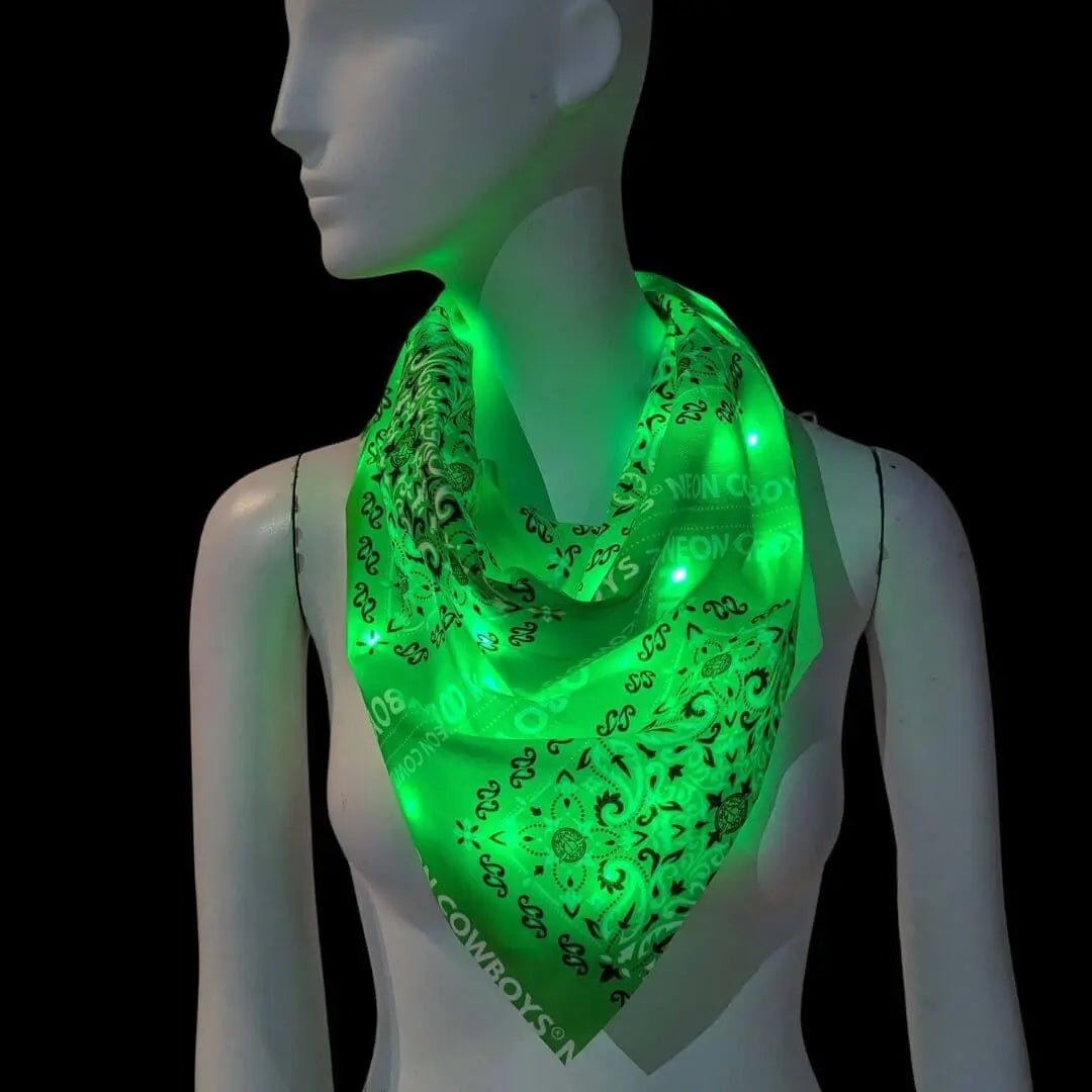 Green Light Up LED Bandana - LED Cowboy Neck Scarf for EDM Raves Music Festivals - 420 St Patricks Day - Space Cowgirl Festival Fashion