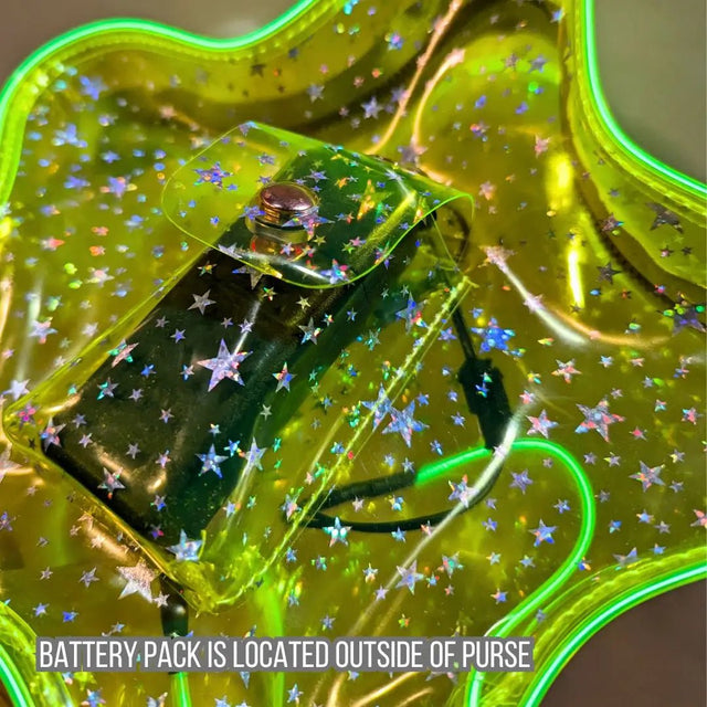 Green Neon Yellow LED Star Purse with Battery Pack Detail - Edgy Light Up Crossbody Bag - Glow Festival Accessory for Rock Concerts Clear Bag Policy y2k Era