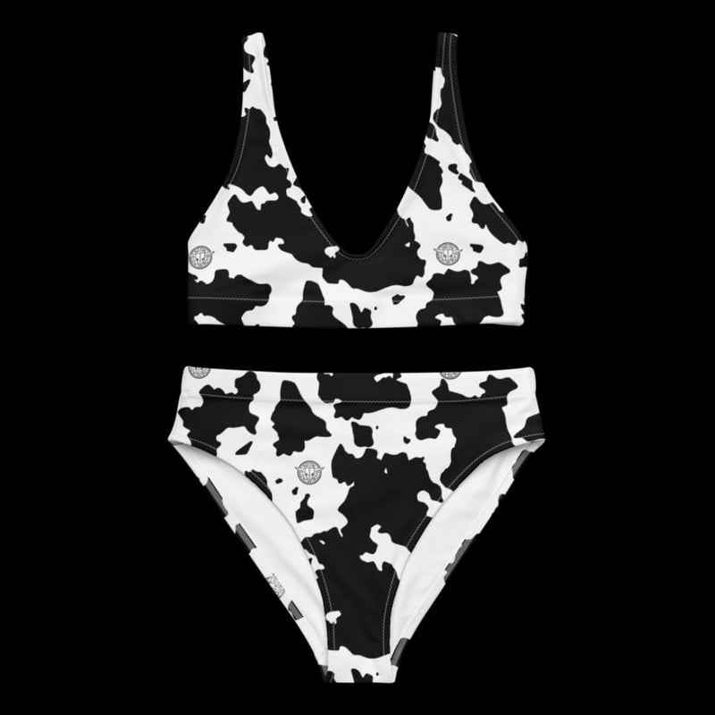 Flat-lay of a black and white cow print high-waisted bikini top and bottoms, a cowgirl swimsuit and festival outfit that flatters all body types XS to 3XL, stagewear for go-go dancers and rave performers, perfect for music festival pool parties, summer beach vacations and country western themed events, Neon Cowboys