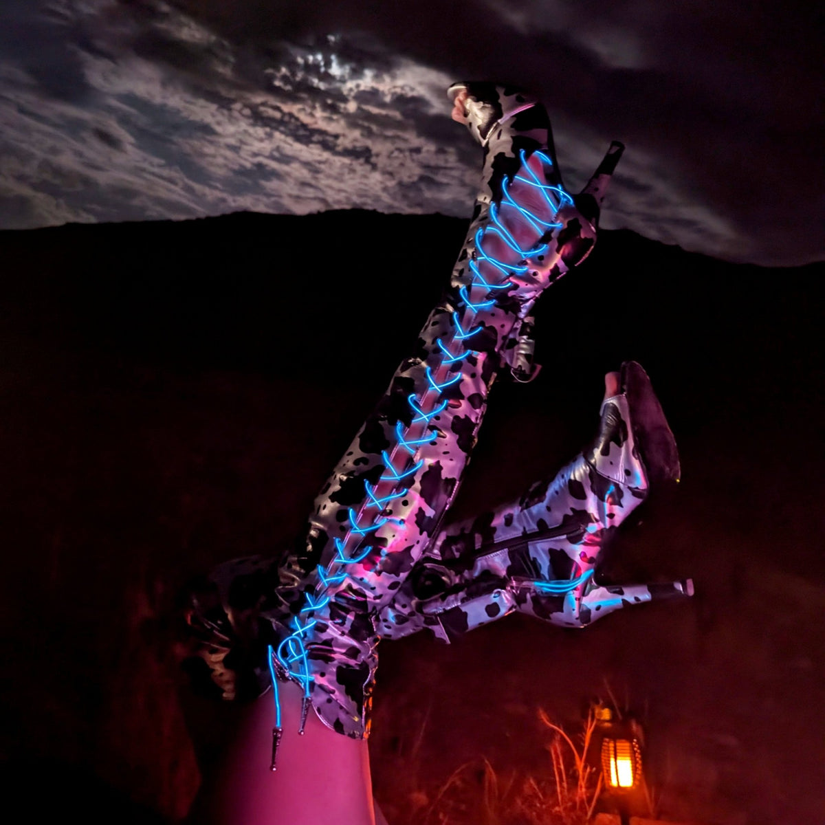 Lace Up Over the Knee Metallic Cowprint Boots - Neon Cowboys - shoes -