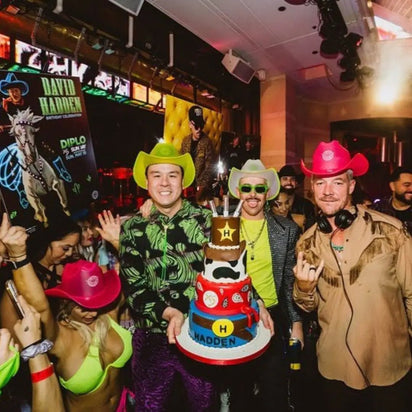 Diplo & Friends Wearing Complete LED Neon Cowboy Outfits for Men at the Wynn Las Vegas Nightlife- Light Up Hats and Western Accessories at Festival Party - Space Cowgirl Cowboy Birthday Celebration with Diplo DJ in the City